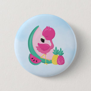 Pink Flamingo with Watermelon & Pineapples 2 Inch Round Button