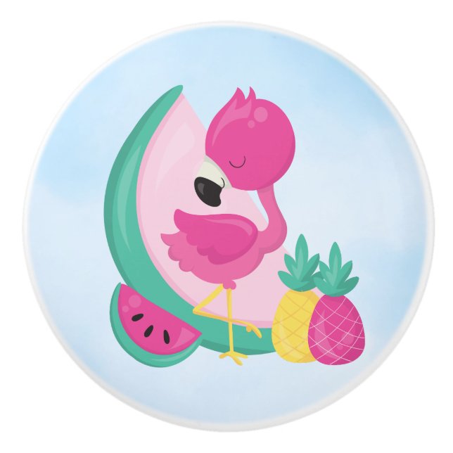 Pink Flamingo with Watermelon & Pineapples Ceramic Knob (Front)