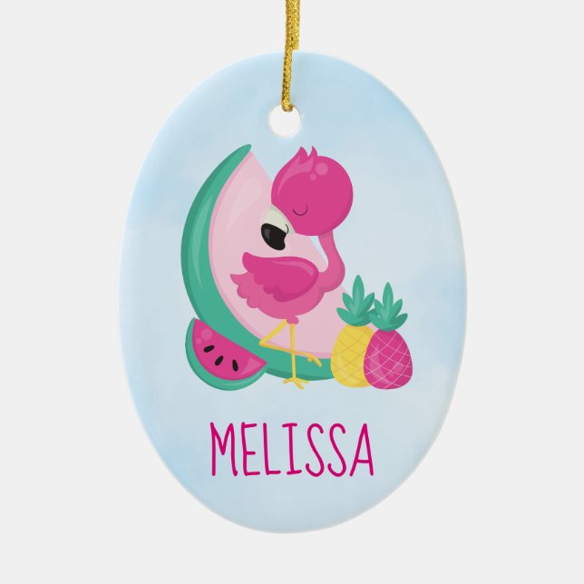 Pink Flamingo with Watermelon & Pineapples Ceramic Ornament (Front)