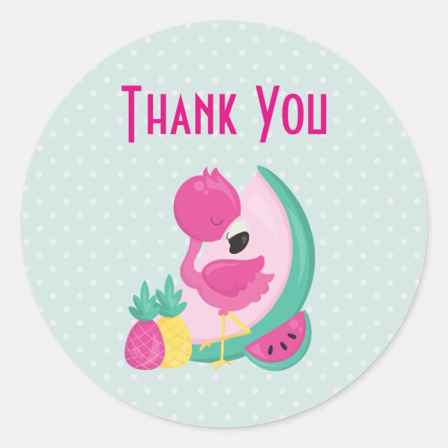 Pink Flamingo with Watermelon & Pineapples Classic Round Sticker (Front)