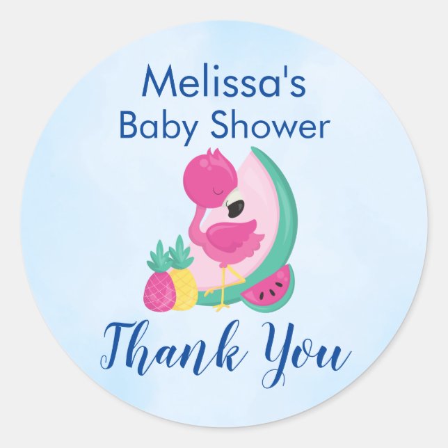 Pink Flamingo with Watermelon & Pineapples Classic Round Sticker (Front)