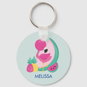 Pink Flamingo with Watermelon & Pineapples Keychain