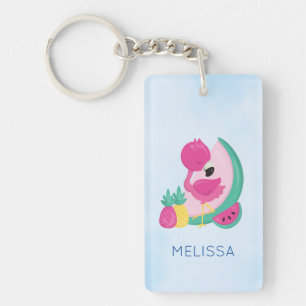 Pink Flamingo with Watermelon & Pineapples Keychain