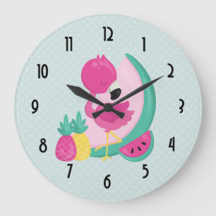 Pink Flamingo with Watermelon & Pineapples Large Clock