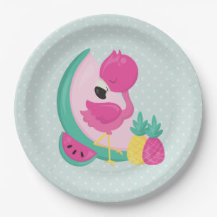 Pink Flamingo with Watermelon & Pineapples Paper Plate