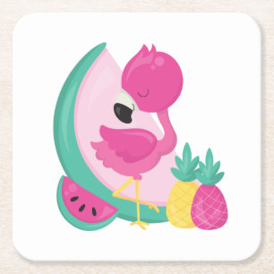 Pink Flamingo with Watermelon & Pineapples Square Paper Coaster