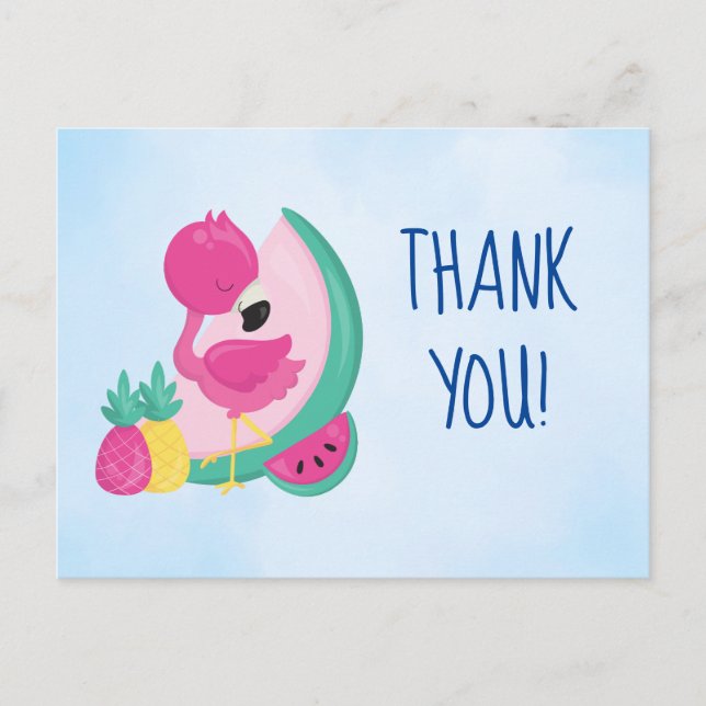 Pink Flamingo with Watermelon & Pineapples Thanks Postcard (Front)