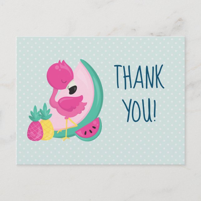 Pink Flamingo with Watermelon & Pineapples Thanks Postcard (Front)