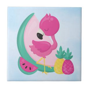 Pink Flamingo with Watermelon & Pineapples Tile