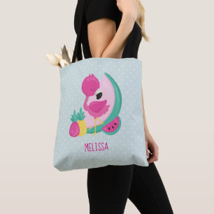 Pink Flamingo with Watermelon & Pineapples Tote Bag