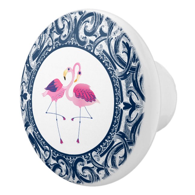Pink Flamingo With White & Blue Swirls Ceramic Knob (Right)