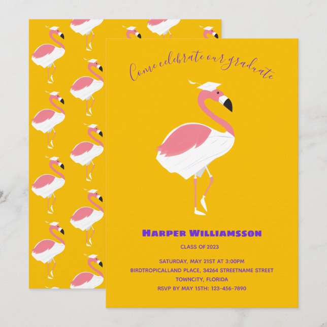 Pink Flamingo Yellow Animal Graduation Invitation (Front/Back)