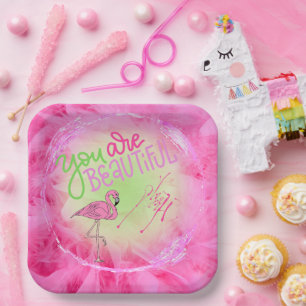 Pink Flamingo You Are Beautiful Inspirational Paper Plate