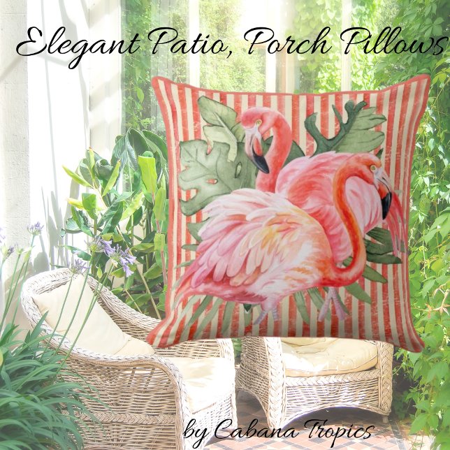 Pink Flamingoes Tropical Leaves Coral Stripes Throw Pillow (Creator Uploaded)