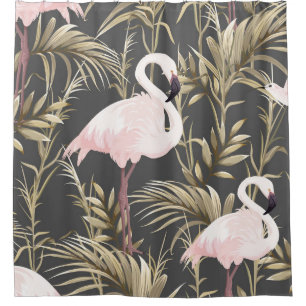 Pink flamingos and golden plants seamless pattern