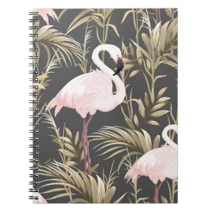 Pink flamingos and golden plants seamless pattern notebook