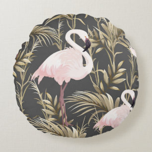 Pink flamingos and golden plants seamless pattern round pillow