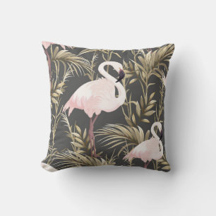 Pink flamingos and golden plants seamless pattern throw pillow
