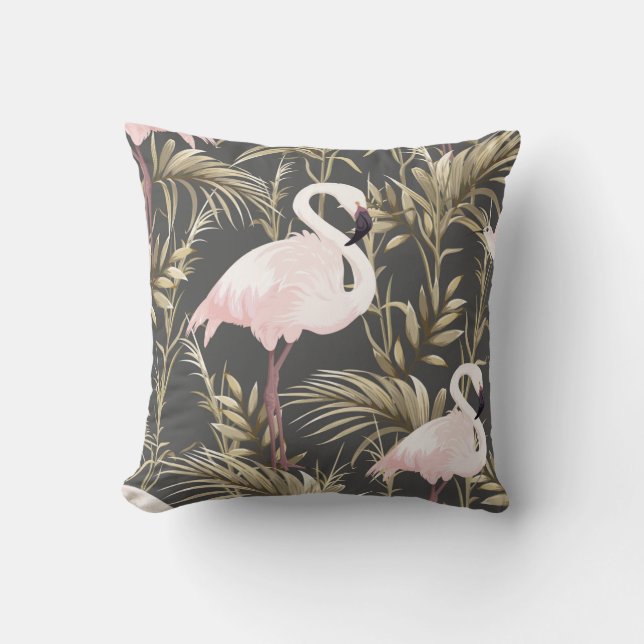 Pink flamingos and golden plants seamless pattern throw pillow (Front)
