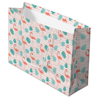 PINK FLAMINGOS AND GREEN TROPICAL LEAVES LARGE GIFT BAG