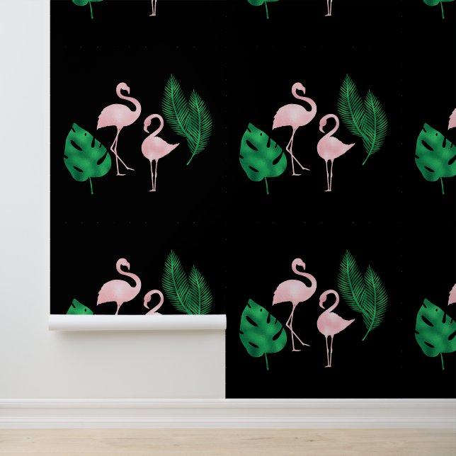 Pink Flamingos and Palm Leaves on Black Wallpaper (Application)