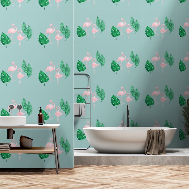Pink Flamingos and Palm Leaves on Teal Wallpaper (Bathroom)