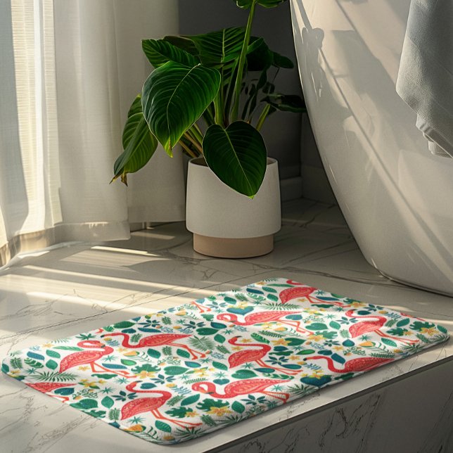 Pink Flamingos and Tropical Flowers Pattern Bath Mat (Creator Uploaded)