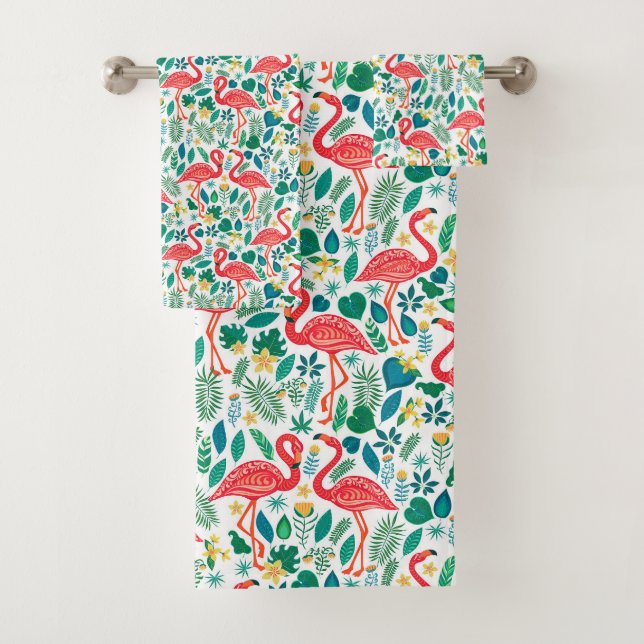 Pink Flamingos and Tropical Flowers Pattern Bath Towel Set (Insitu)