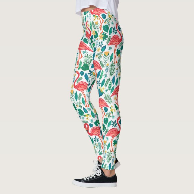 Pink Flamingos and Tropical Flowers Pattern Leggings (Left)