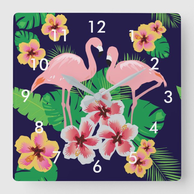 Pink Flamingos and Tropical Flowers Wall Clock (Front)