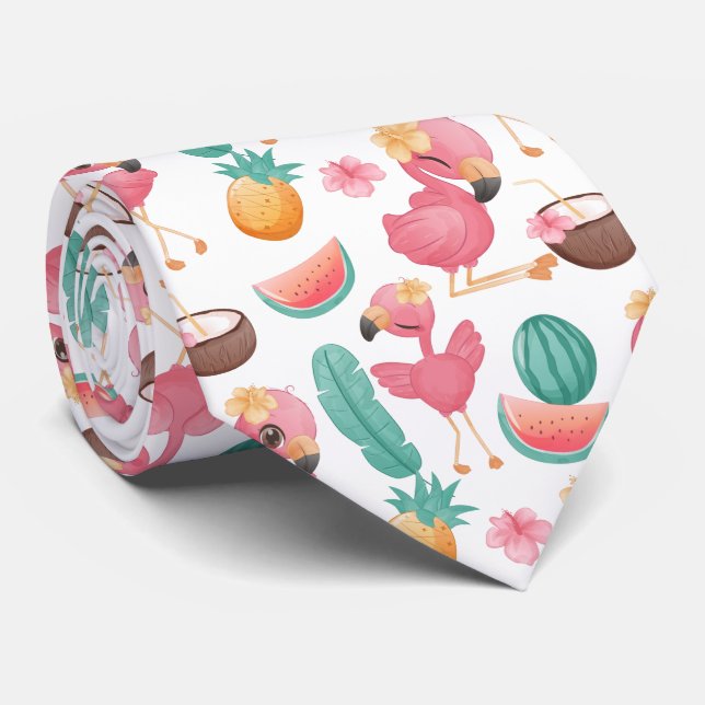 Pink Flamingos and Tropical Fruits Tie (Rolled)
