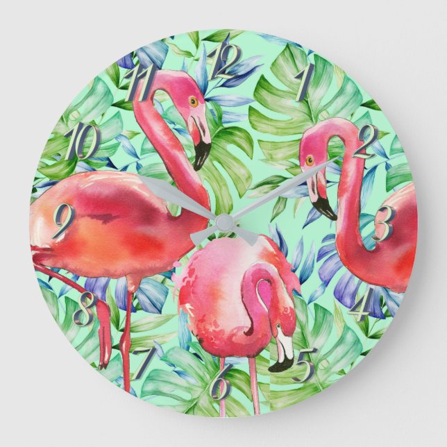 Pink Flamingos and Tropical Leaves Clock (Front)