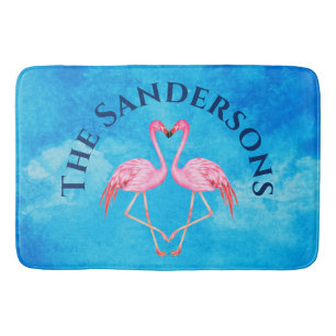 Pink Flamingos Bathroom Monogram Name Blue Bath Mat