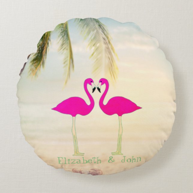Pink Flamingos ,Beach,Palm,Personalized Round Pillow (Front)