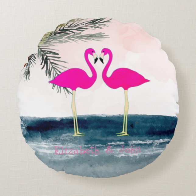 Pink Flamingos  Beach Round Pillow (Front)