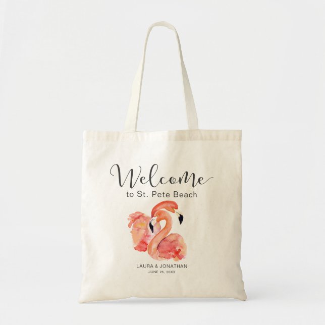 Pink Flamingos Beach Wedding Welcome Tote Bag (Front)
