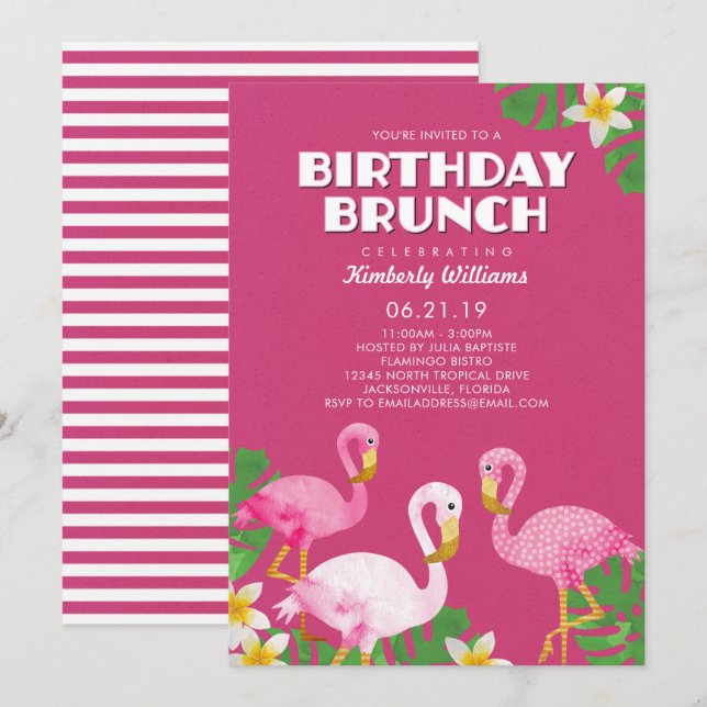 Pink Flamingos Birthday Brunch Fuchsia Invitation (Front/Back)