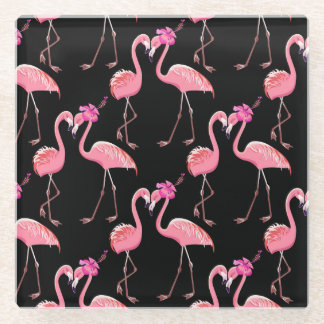 Pink Flamingos: Black Background Vintage Glass Coaster