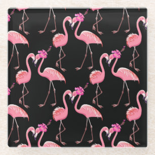Pink Flamingos: Black Background Vintage Glass Coaster
