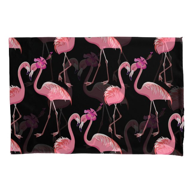 Pink Flamingos: Black Background Vintage Pillowcase (Front)