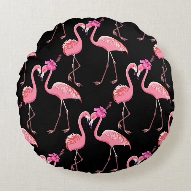 Pink Flamingos: Black Background Vintage Round Pillow (Front)