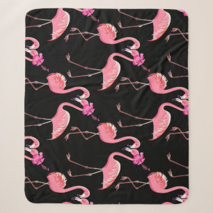 Pink Flamingos: Black Background Vintage Sherpa Blanket