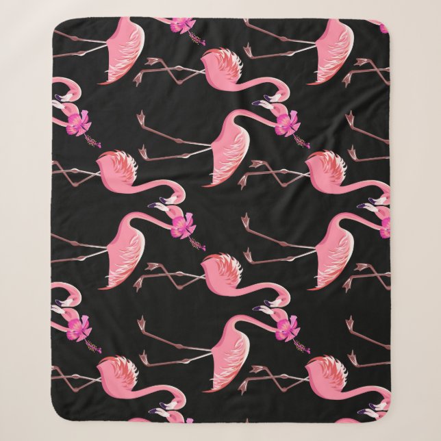 Pink Flamingos: Black Background Vintage Sherpa Blanket (Front)