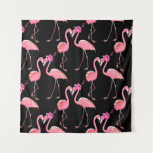 Pink Flamingos: Black Background Vintage Tapestry