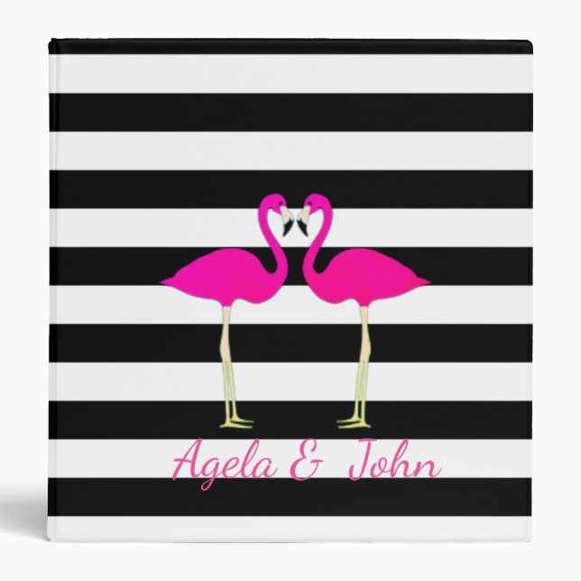 Pink Flamingos, Black, White Stripes Personalized Binder (Front)