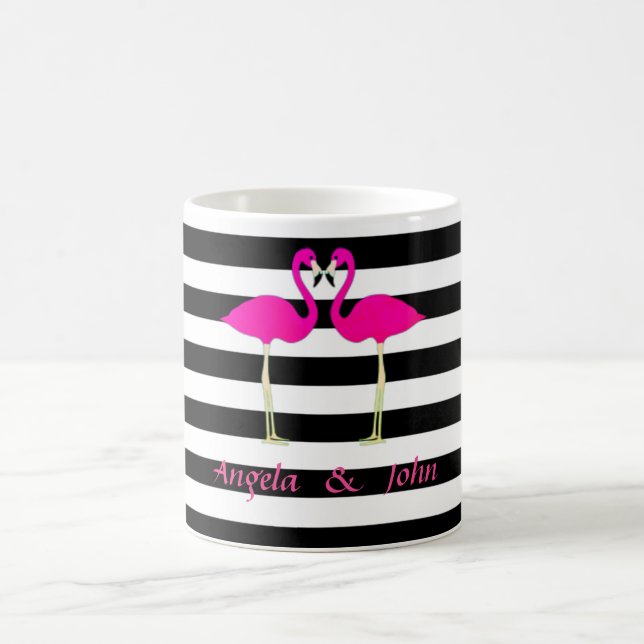 Pink Flamingos, Black, White Stripes Personalized Coffee Mug (Center)