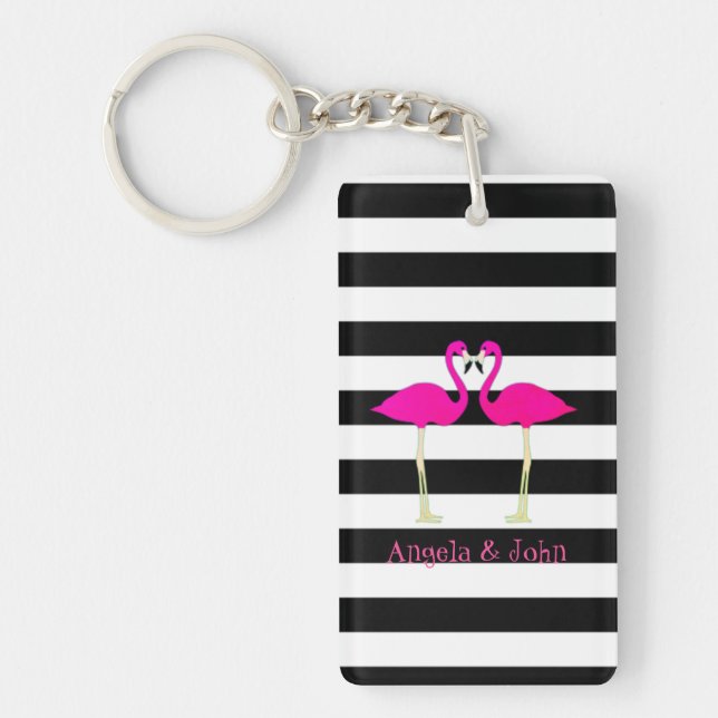 Pink Flamingos, Black, White Stripes Personalized Keychain (Front)