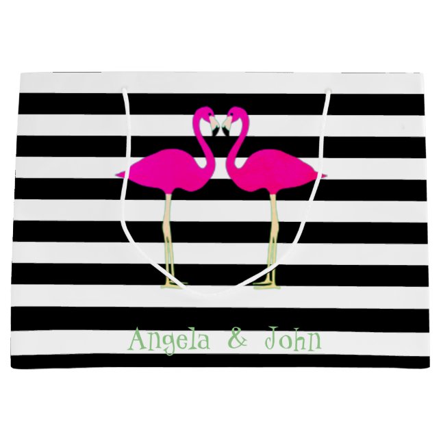 Pink Flamingos ,Black White Stripes,Personalized Large Gift Bag (Front)