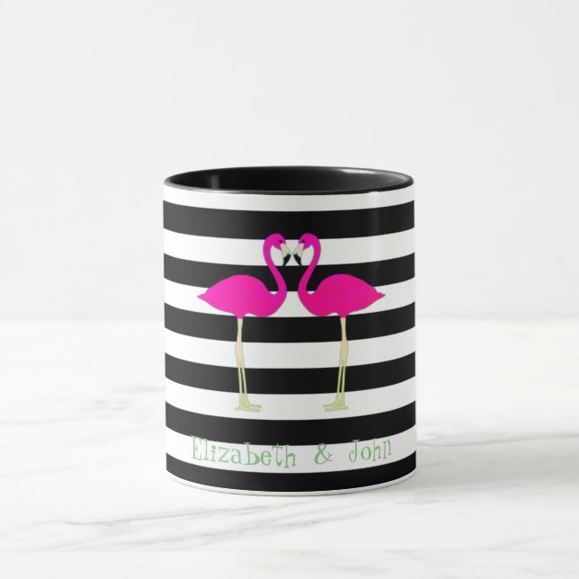 Pink Flamingos ,Black White Stripes,Personalized Mug (Center)
