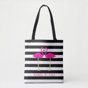Pink Flamingos, Black, White Stripes Personalized Tote Bag